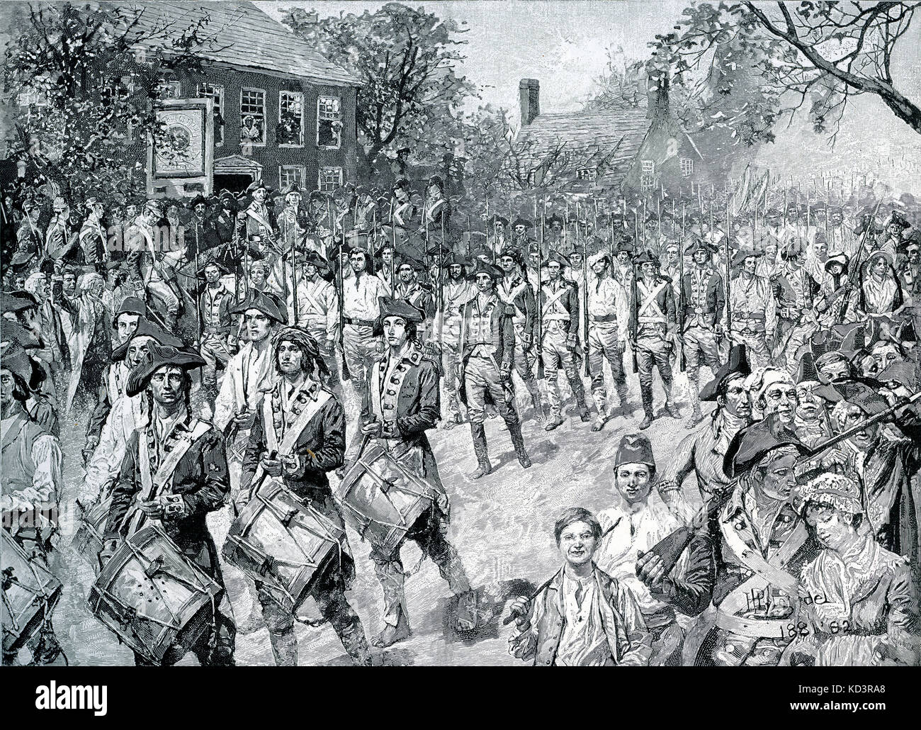 L'armée continentale a marché dans Old Bowery, New York, 25 novembre 1783. Les forces de Washington prennent la posession de New York à la fin de la Révolution américaine. Illustration de Howard Pyle, 1896 Banque D'Images