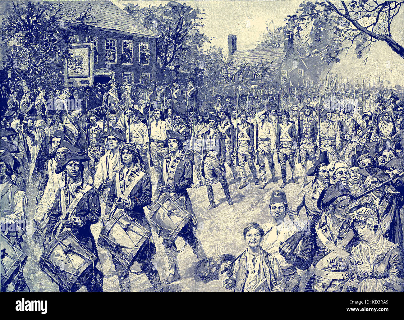 L'armée continentale a marché dans Old Bowery, New York, 25 novembre 1783. Les forces de Washington prennent la posession de New York à la fin de la Révolution américaine. Évacuation britannique de New York. Illustration de Howard Pyle, 1896 Banque D'Images
