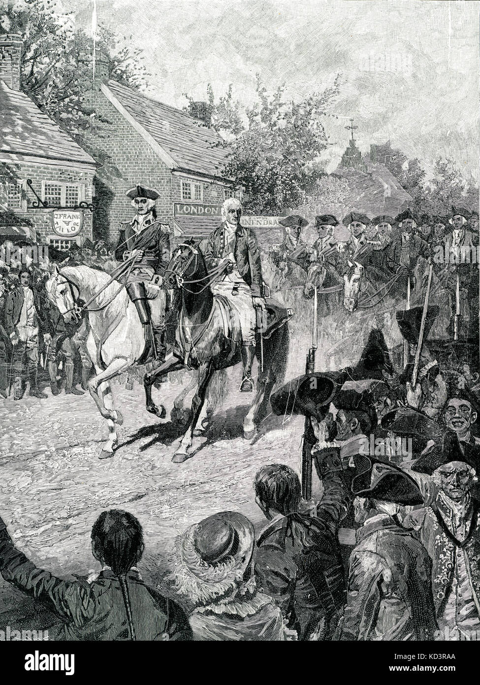 George Washington et George Clinton sont à la tête de la procession civile à New York, le 25 novembre 1783. Les forces de Washington prennent la posession de New York à la fin de la Révolution américaine. Évacuation britannique de New York. Illustration de Howard Pyle, 1896 Banque D'Images