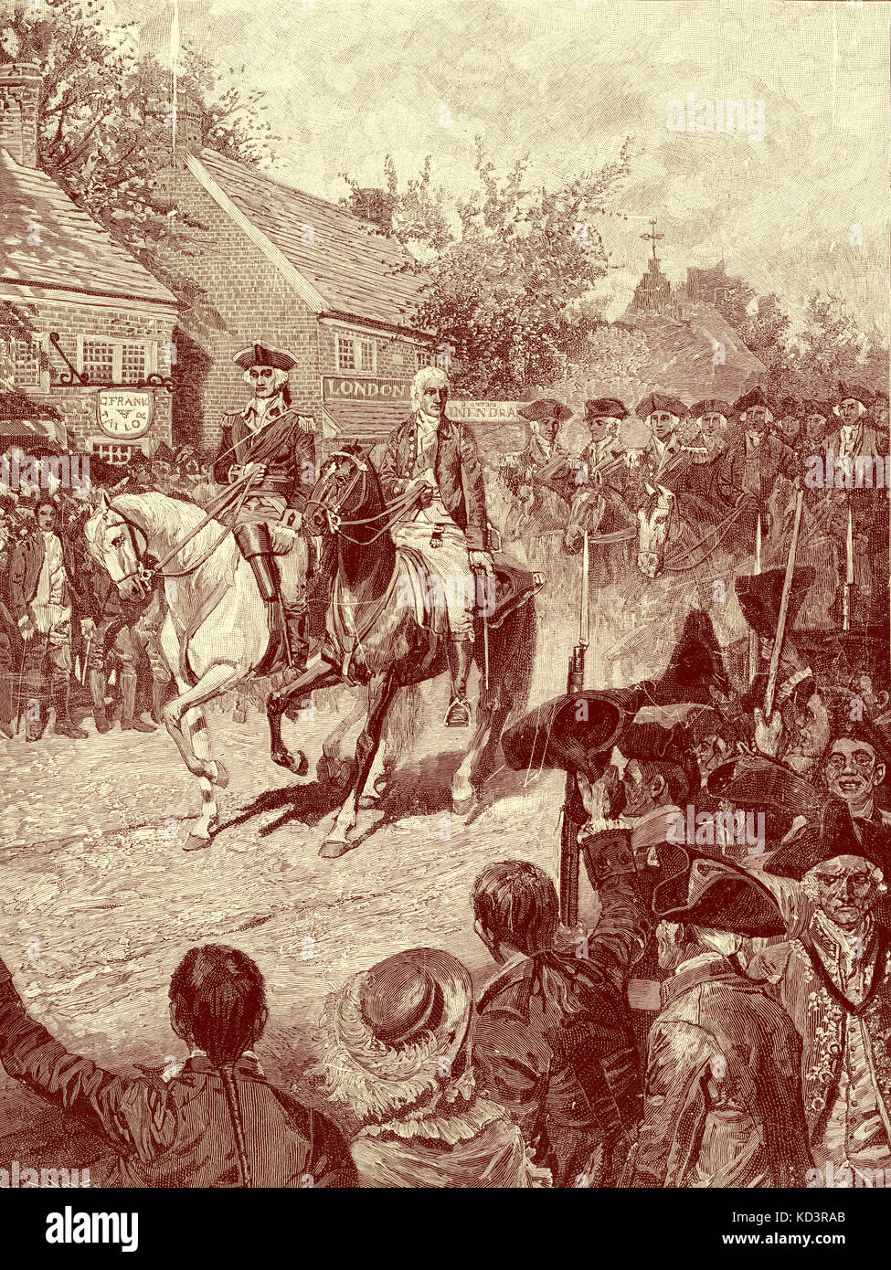 George Washington et George Clinton sont à la tête de la procession civile à New York, le 25 novembre 1783. Les forces de Washington prennent la posession de New York à la fin de la Révolution américaine. Évacuation britannique de New York. Illustration de Howard Pyle, 1896 Banque D'Images