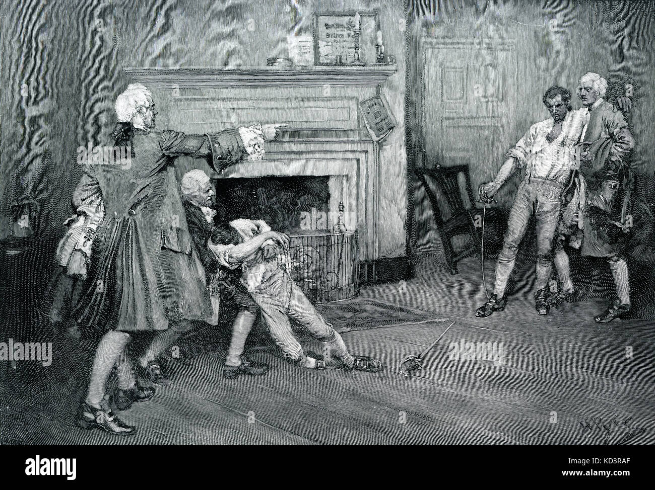 Le commandant britannique, le capitaine Tollemache, traverse et est tué dans un duel avec le capitaine Pennington à la taverne City Arms, colonial New York, XVIIIe siècle. Illustration de Howard Pyle, 1896 Banque D'Images