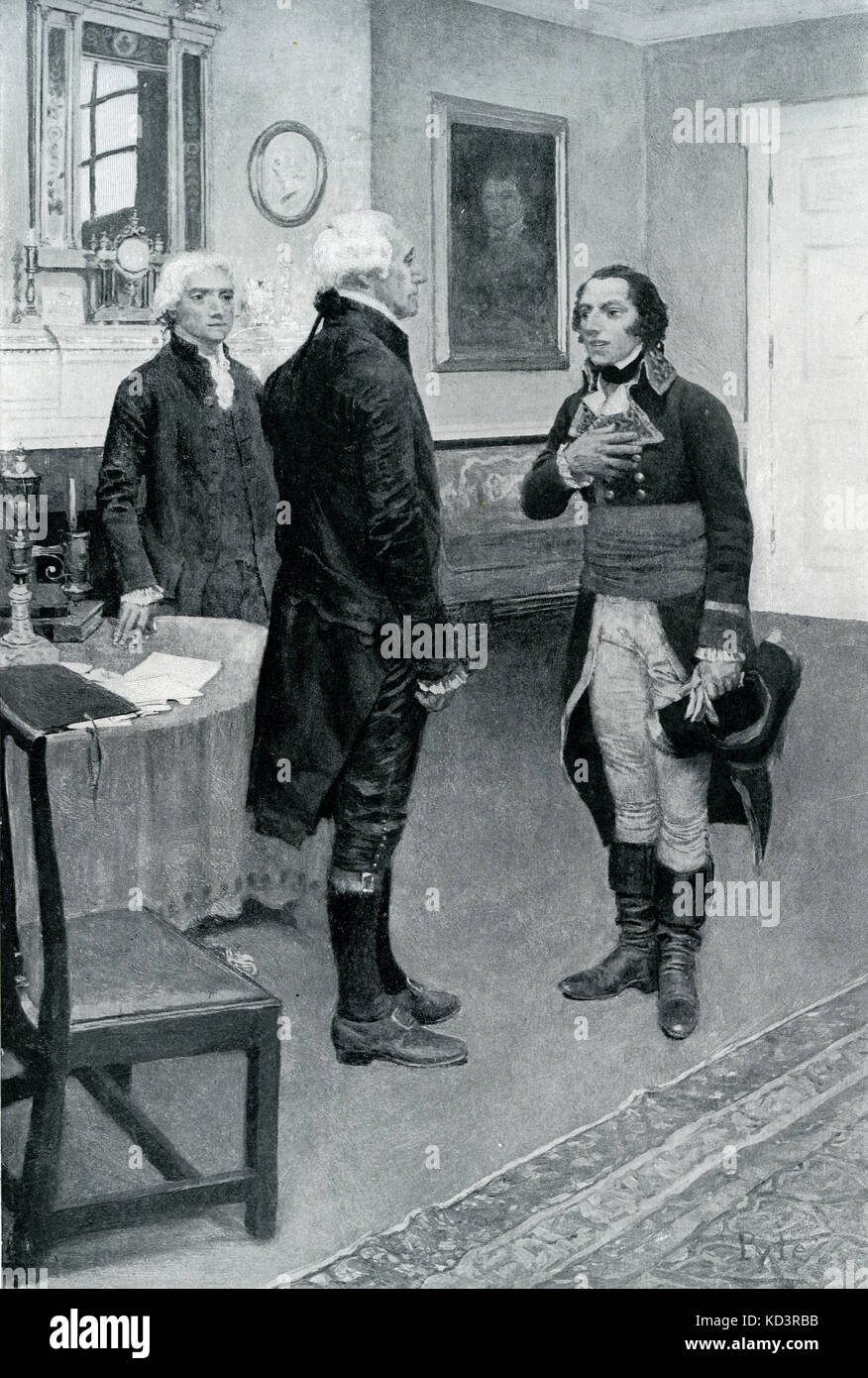 Edmond-Charles Genet présenté à George Washington. Affaire Genet citoyen, 1793. Edmond-Charles Genêt, nommé ambassadeur français aux États-Unis pendant la Révolution française. Illustration de Howard Pyle, 1897 Banque D'Images