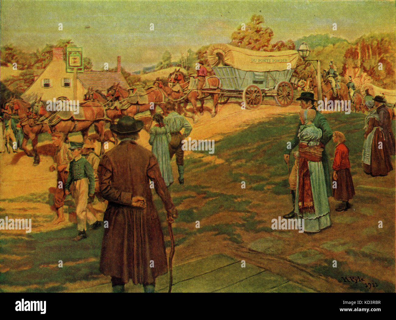 Le transport de poudre à feu et de fournitures au capitaine Oliver Hazard Perry pour la construction de sa flotte sur le lac Érié, deuxième Guerre pour l'indépendance / Guerre de 1812. Illustration de Howard Pyle, 1911 Banque D'Images