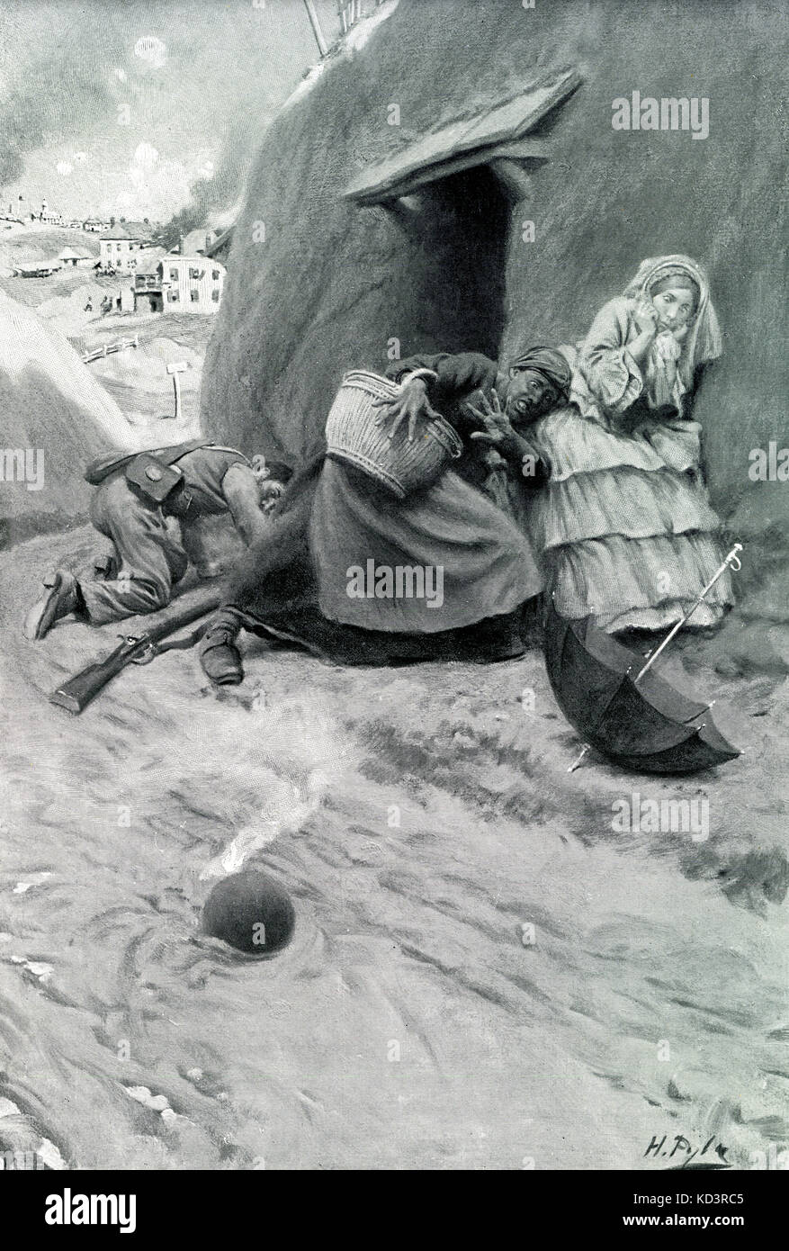 Siège de Vicksburg, campagne de Vicksburg, 1863. Guerre civile américaine. Des citoyens non combisants de Vicksburg qui s'abritaient dans des grottes creusées dans le flanc de la colline s'échappent étroitement du feu de la coquille. Illustration de Howard Pyle, 1909 Banque D'Images
