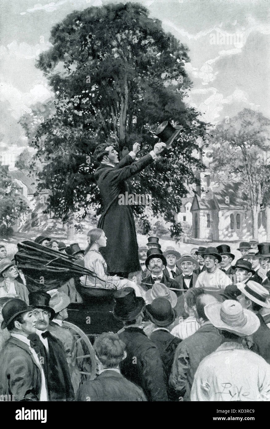 Le major Henry Young, officier de l'armée fédéraliste, recrute des soldats. La légende se lit : « la nation est en guerre et doit avoir des hommes ». Guerre civile américaine 1861 - 1865. Illustration de Howard Pyle, 1909 Banque D'Images