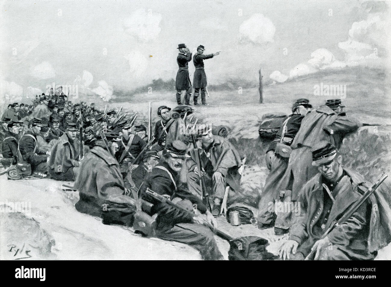 Les soldats de l'armée fédérale attendent l'ordre de charge, la guerre civile américaine 1861 - 1865. Illustration de Howard Pyle, 1909 Banque D'Images