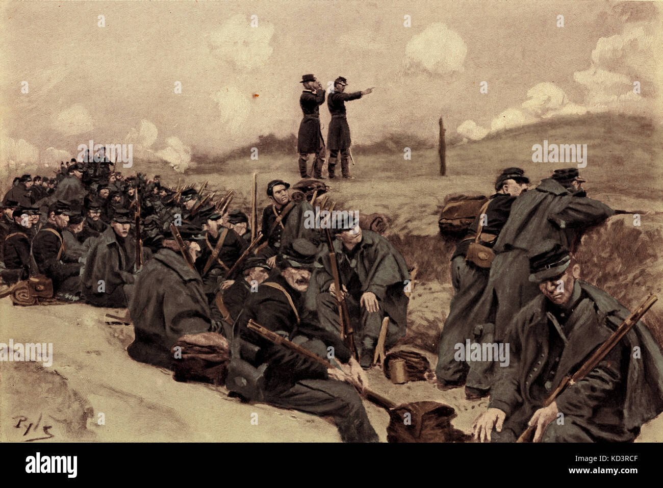 Les soldats de l'armée fédérale attendent l'ordre de charge, la guerre civile américaine 1861 - 1865. Illustration de Howard Pyle, 1909 Banque D'Images