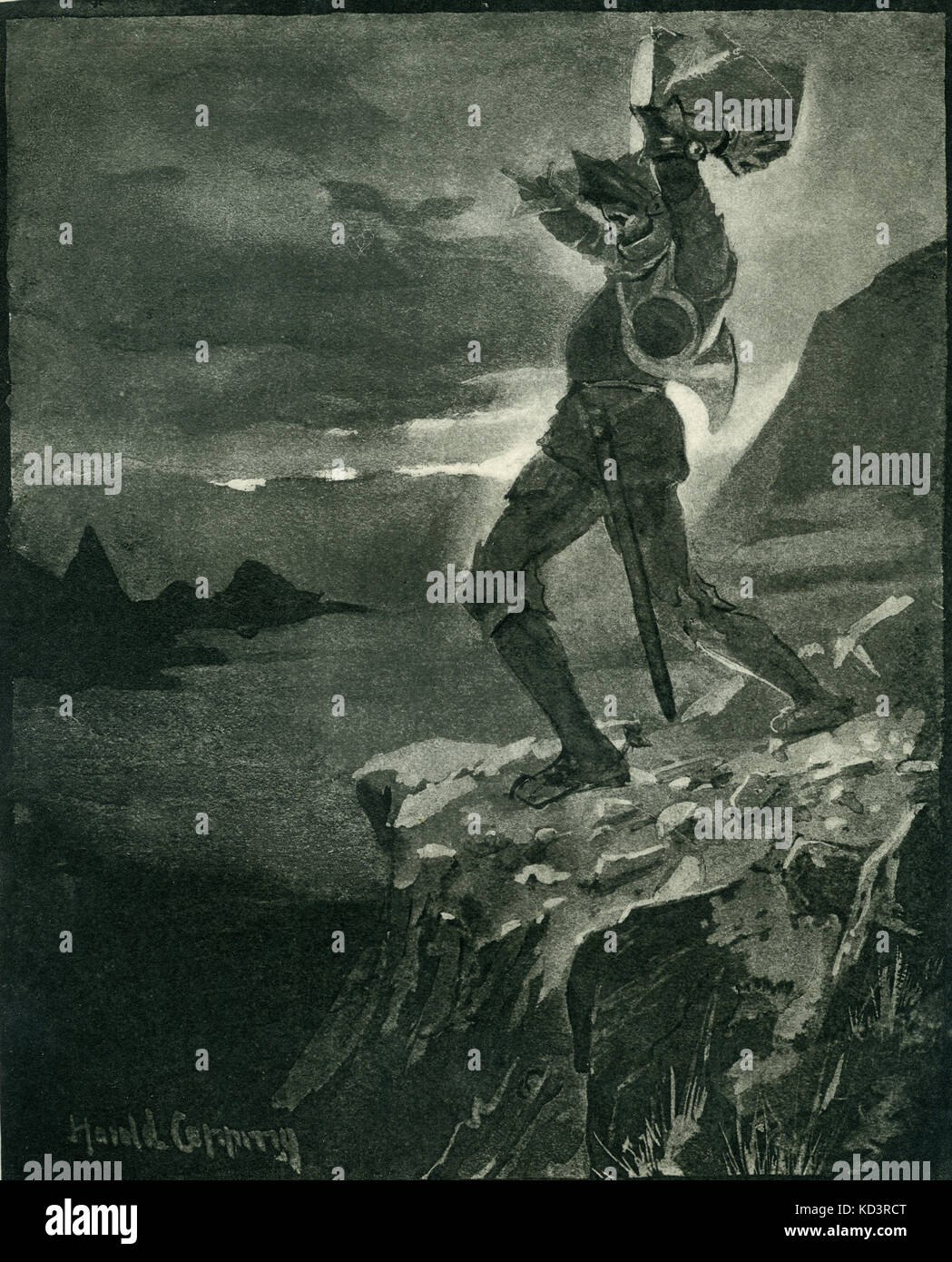 Basques - roldan's clairon. sous-titre suivant :' néanmoins son ombre erre sur ces lieux solitaires armés jusqu'aux dents." illustration de la photogravure par Harold copping. histoire de 1829 quand il neige a été sévère. quand il est soufflé de l'avertisseur sonore pour briser les roches causes et les montagnes pour prendre feu Banque D'Images