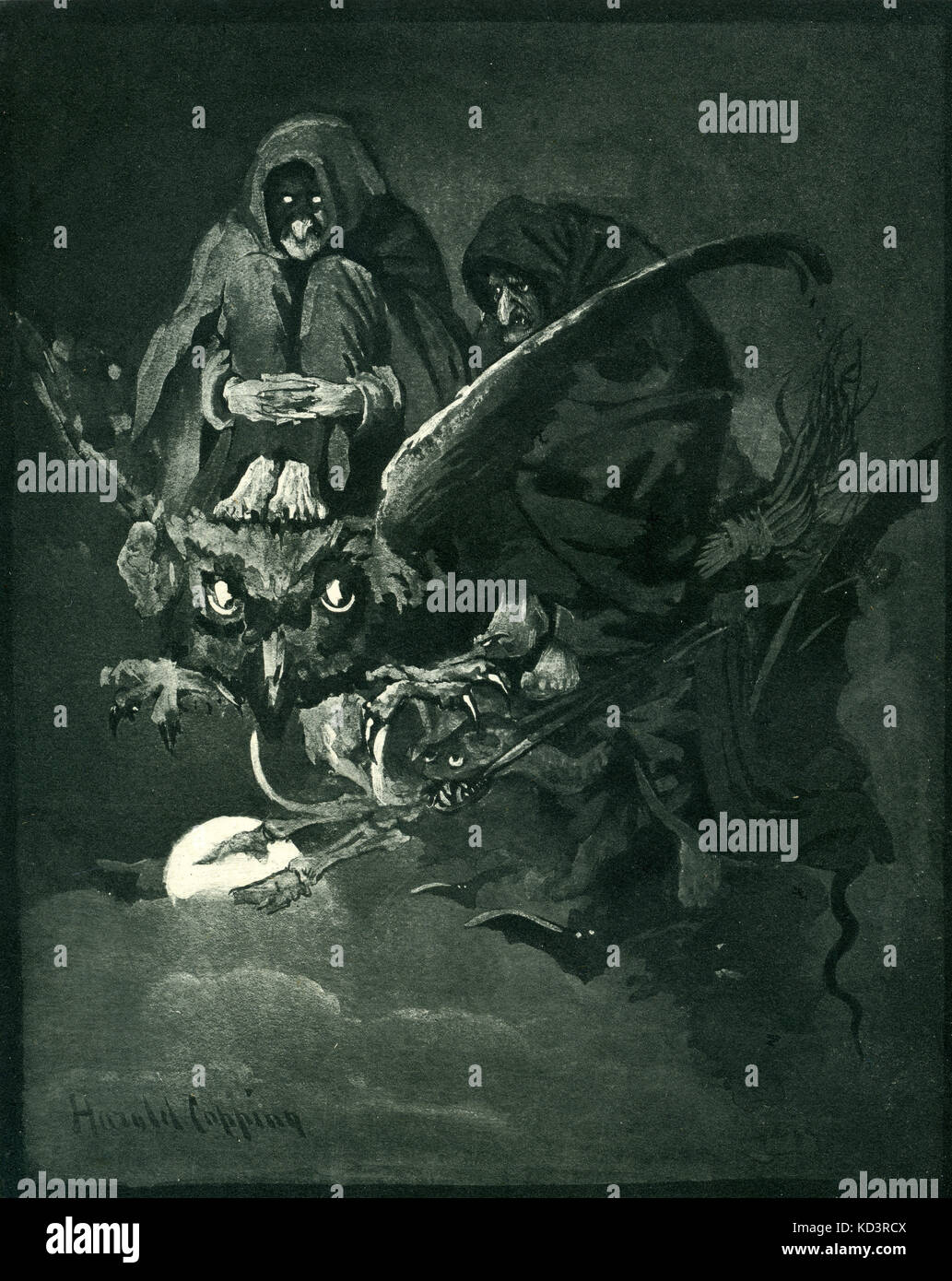 Basques - turul. sous-titre suivant : l'on pourrait s'appuyer sur ses genoux entre fleshless le squelette d'un mammouth de proportions énormes ; l'autre roade sur un monstrueux hibou." illustration de la photogravure par Harold copping. akelarre est le terme signification basque sabbat des sorcières sorcières basque. de la 17e 17e siècle par l'inquisition espagnole. Banque D'Images