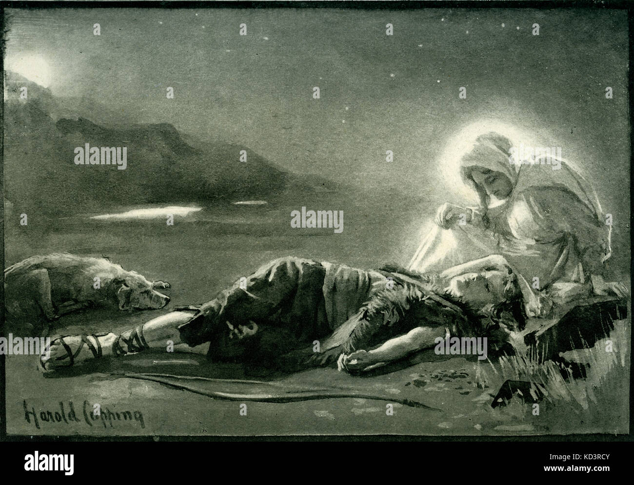 Basques - la vierge des cinq villes. sous-titre suivant :" La vision s'approcha de plus en plus près, et vint et s'assit à côté de la chambre et regarda huntsman sur lui pour un long moment dans le silence." illustration de la photogravure par Harold copping. Banque D'Images