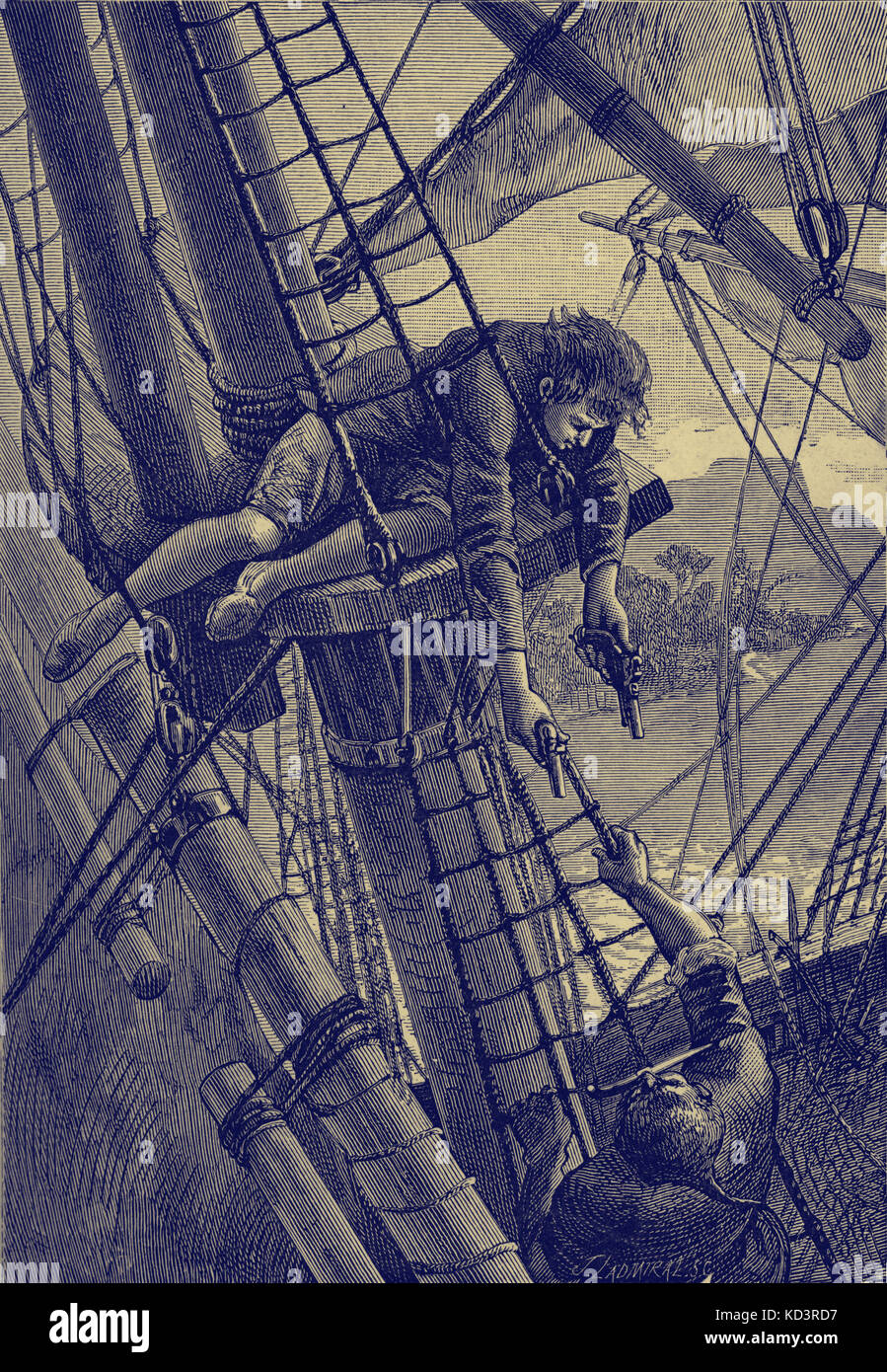 Treasure Island par Robert Louis Stevenson. La légende se lit comme suit : « une autre étape, monsieur Hands », m'a dit, et « Je souffrirai votre cerveau ». (Le combat de Jim avec les mains d'Israël.) Chapitre XXVI Israël mains. Première publication en 1881-82. RLS : romancier écossais, poète et écrivain de voyage, 13 novembre 1850 – 3 décembre 1894. Banque D'Images