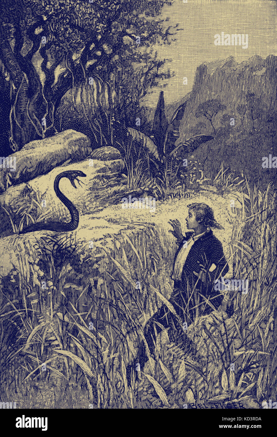 Treasure Island par Robert Louis Stevenson. La légende se lit : « ici et là, j'ai vu des serpents, et on a levé la tête d'une corniche de roche et j'ai hissonné à moi. » (Sur l'île du Trésor) ch XIV le premier Blow. Première publication en série 1881-82. RLS : romancier écossais, poète et écrivain de voyage, 13 novembre 1850 – 3 décembre 1894. Banque D'Images