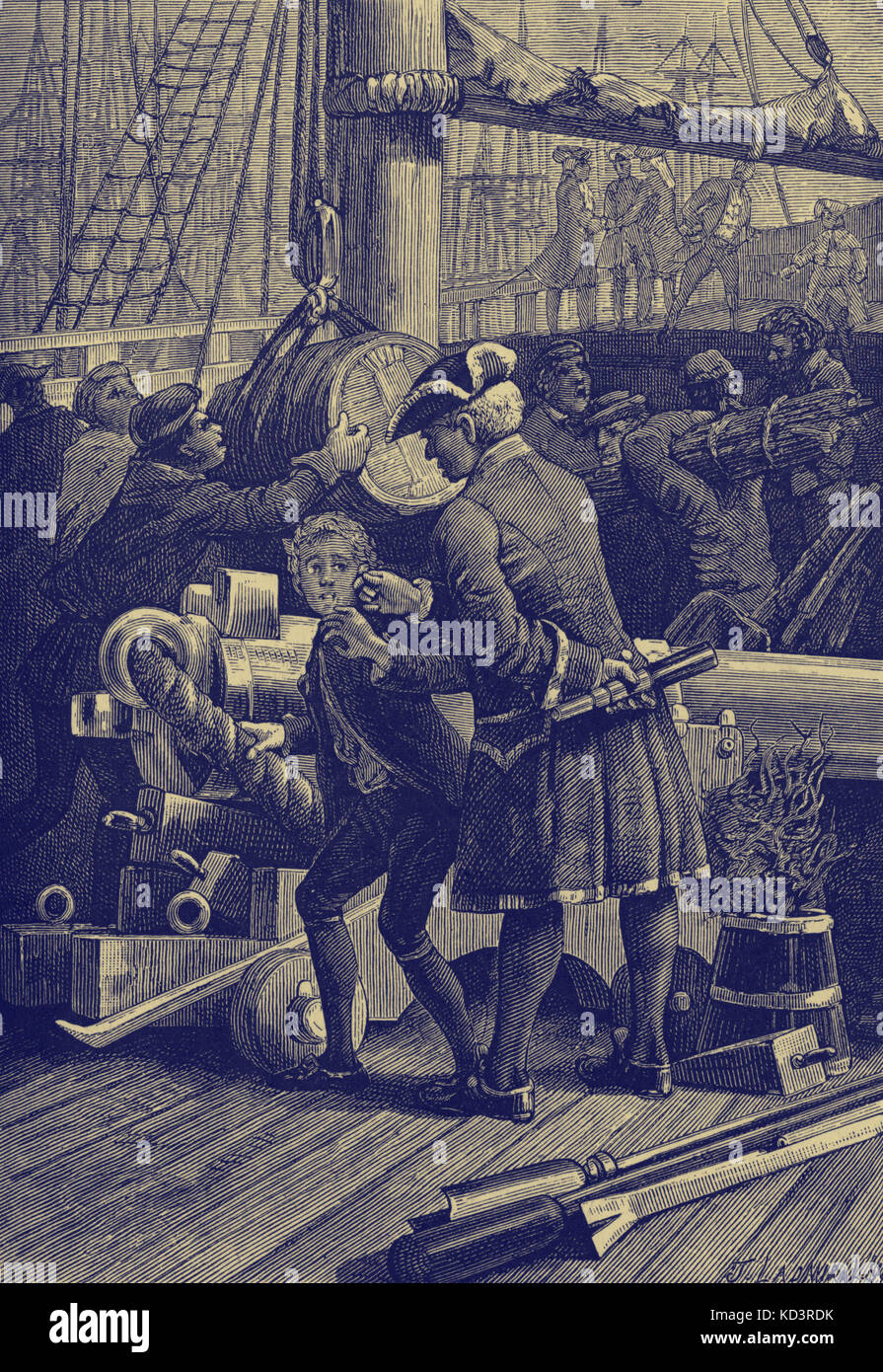 Treasure Island par Robert Louis Stevenson. Légende : ici, vous expédiez le garçon, il pleura, « OUT o » qui vous permet de cuisiner et de faire du travail » (Jim Hawkins étant scolé par le capitaine Smollett sur le pont). Poudre et bras CH IX. Première publication en série 1881-82. RLS : romancier écossais, poète et écrivain de voyage, 13 novembre 1850 – 3 décembre 1894. Banque D'Images