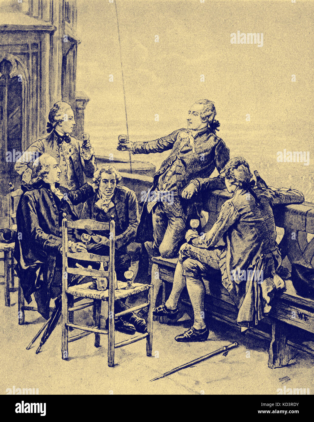 Johann Gottfried Herder, Heinrich Lenz - Jung Stilling, Johann Wolfgang von Goethe, Christian Gotthilf Salzmann, lors d'une soirée d'adieu à la tour Munster de Strasbourg. HGJ : philosophe, poète et critique littéraire allemand, 25 août 1744 – 18 décembre 1803. HL: Physicien allemand balte, 12 février 1804 - 10 février 1865. JS: Auteur allemand, 12 septembre 1740 - 2 avril 1817. JWG : écrivain allemand, 28 août 1749 – 22 mars 1832. CGS : fondateur de l'institution Schnepfenthal, 1744 – 1811. Banque D'Images