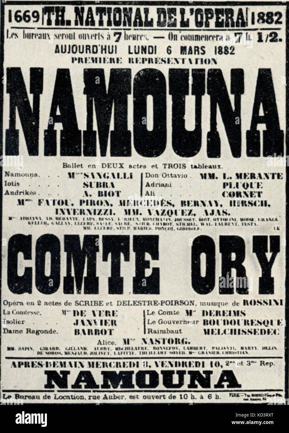 Affiche annonçant la première de Edouard Lalo's 'Namouna' le 6 mars 1882 au Théâtre National de l'Opéra. Compositeur français d'origine espagnole (1823 - 1892). Banque D'Images