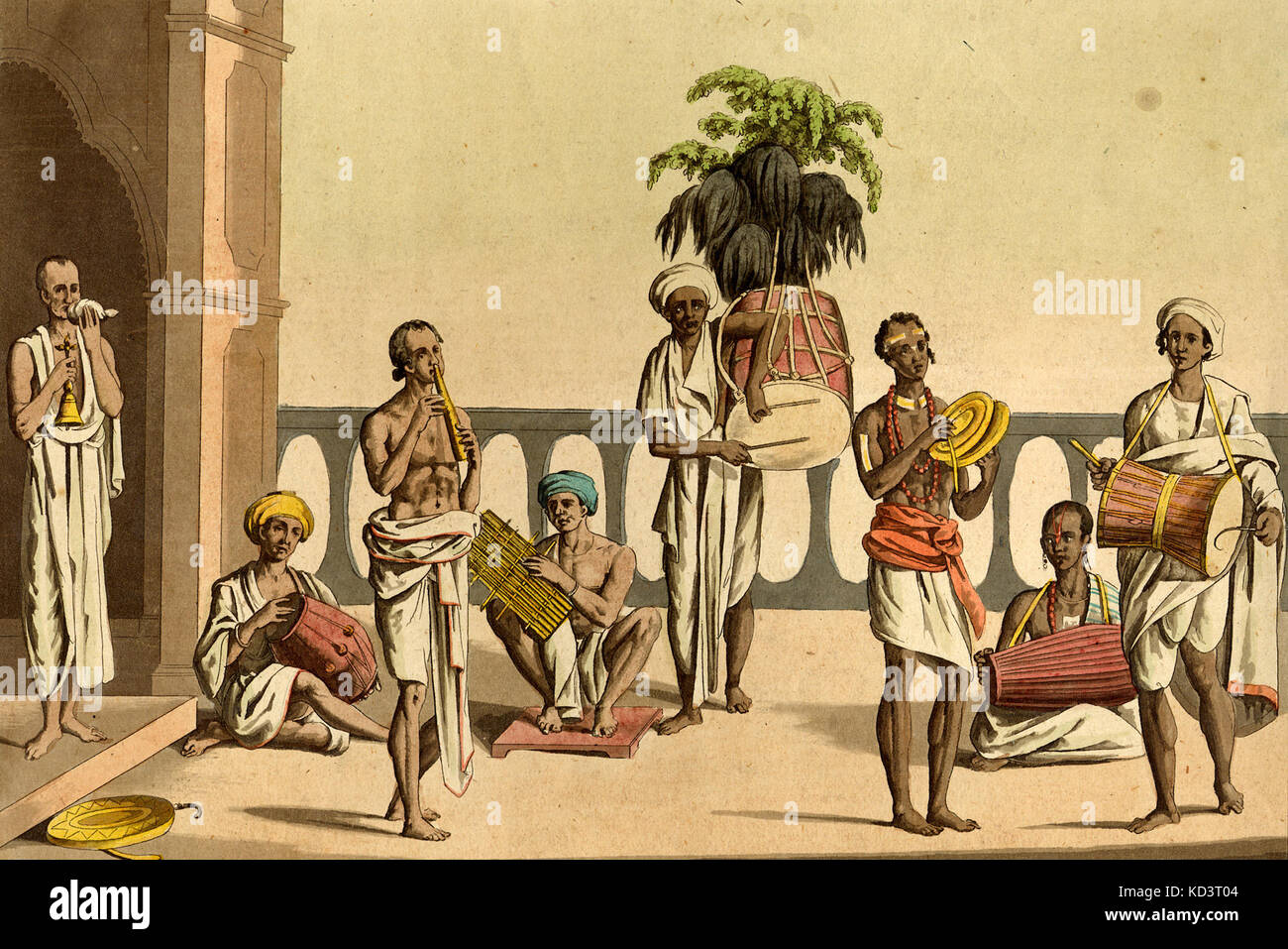 Musiciens indiens du 19ème siècle la lecture de gauche à droite et de conque BELL ; corps en forme de tambour ; NOSEFLUTE ; bamboo à bouche ; DHOL ; CYMBALES ; PAKHAVAJ ; DHOLAK. Lithographie Banque D'Images