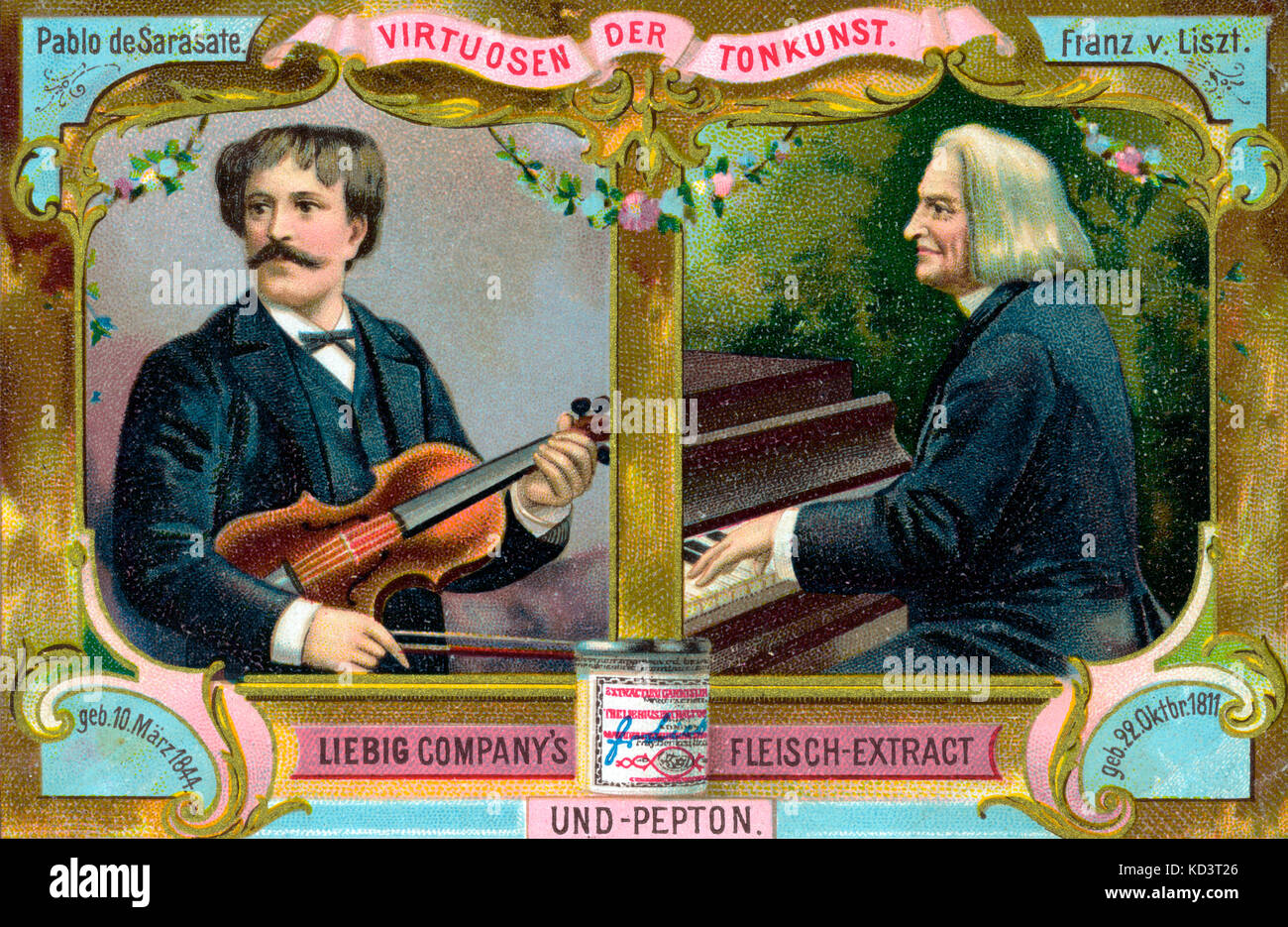 Pablo de Sarasate, - avec violon, Liebig annonce virtuose. Franz Liszt s'affiche également. Violoniste espagnol, 1844-1908 Banque D'Images