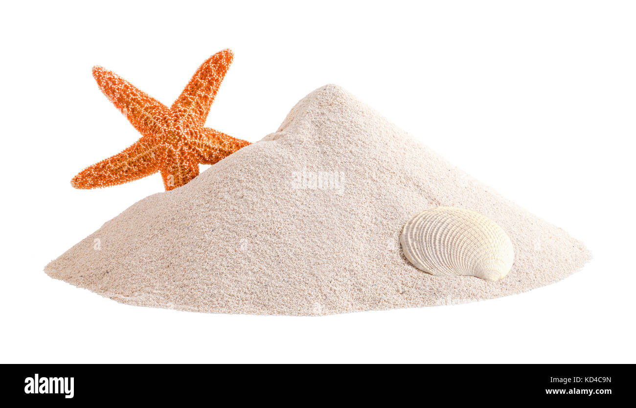 Tas de sable avec starfishand shell isolé sur fond blanc. Banque D'Images