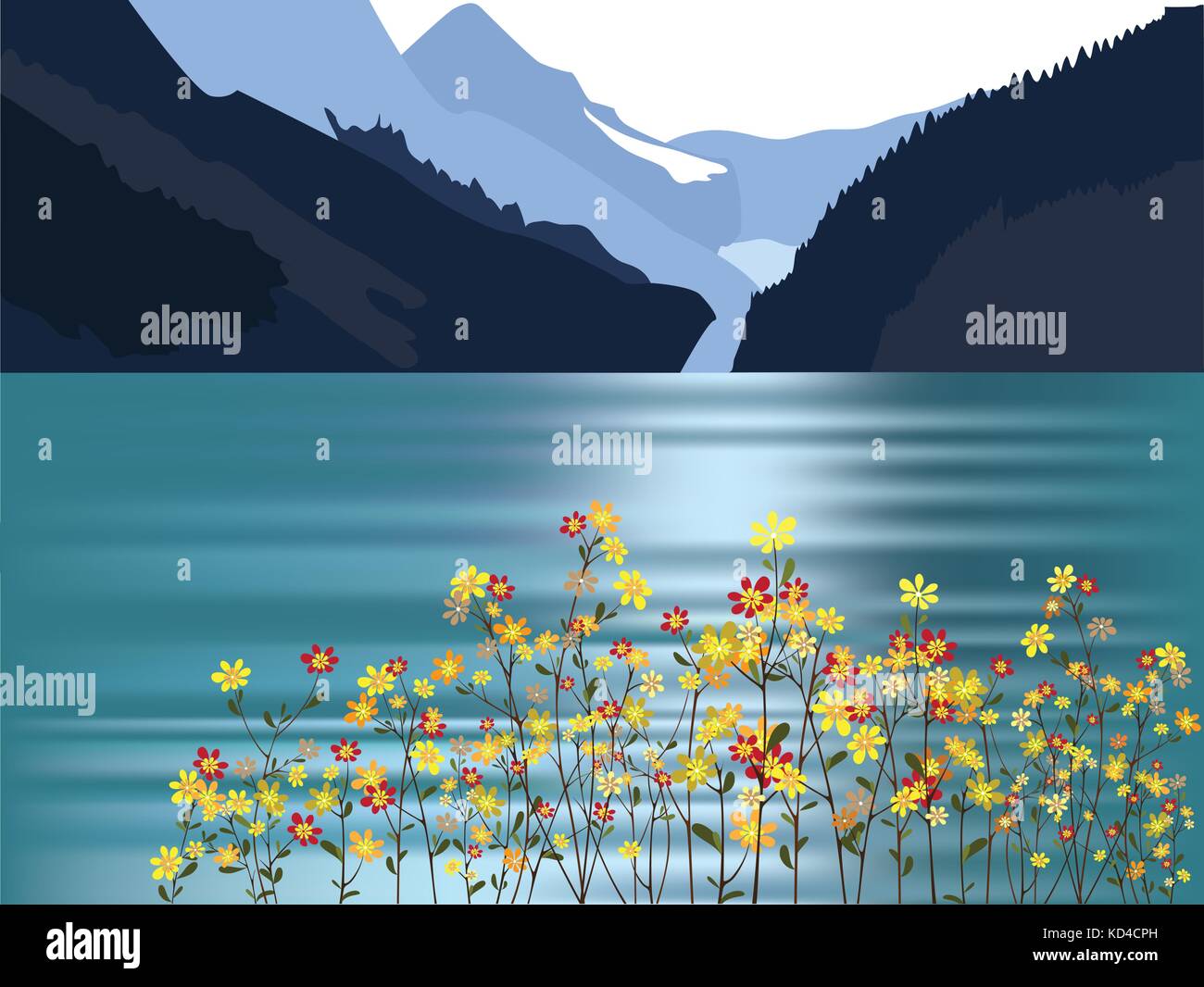 Paysage, montagnes et mer, côte, fleurs Illustration de Vecteur