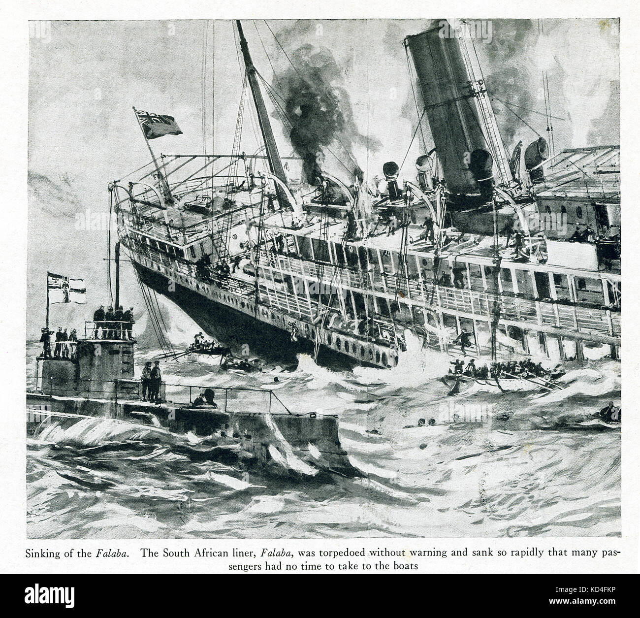 Cette photo remonte à la Première Guerre mondiale. Le sous-titre suivant : naufrage du Falaba. De l'Afrique du Sud, Falaba, a été torpillé sans avertissement et a coulé si rapidement que de nombreux passagers n'avait pas de temps à prendre pour les bateaux. Falaba était une tonne 5 000 passagers-cargo britannique. Il a été coulé le 28 mars 1915 par le sous-marin allemand U-28, qui a été commandé par le Baron Forstner. Falaba était au large de la côte sud de l'irlandais lors de l'U-28 fait surface et arrêté le navire britannique. Banque D'Images