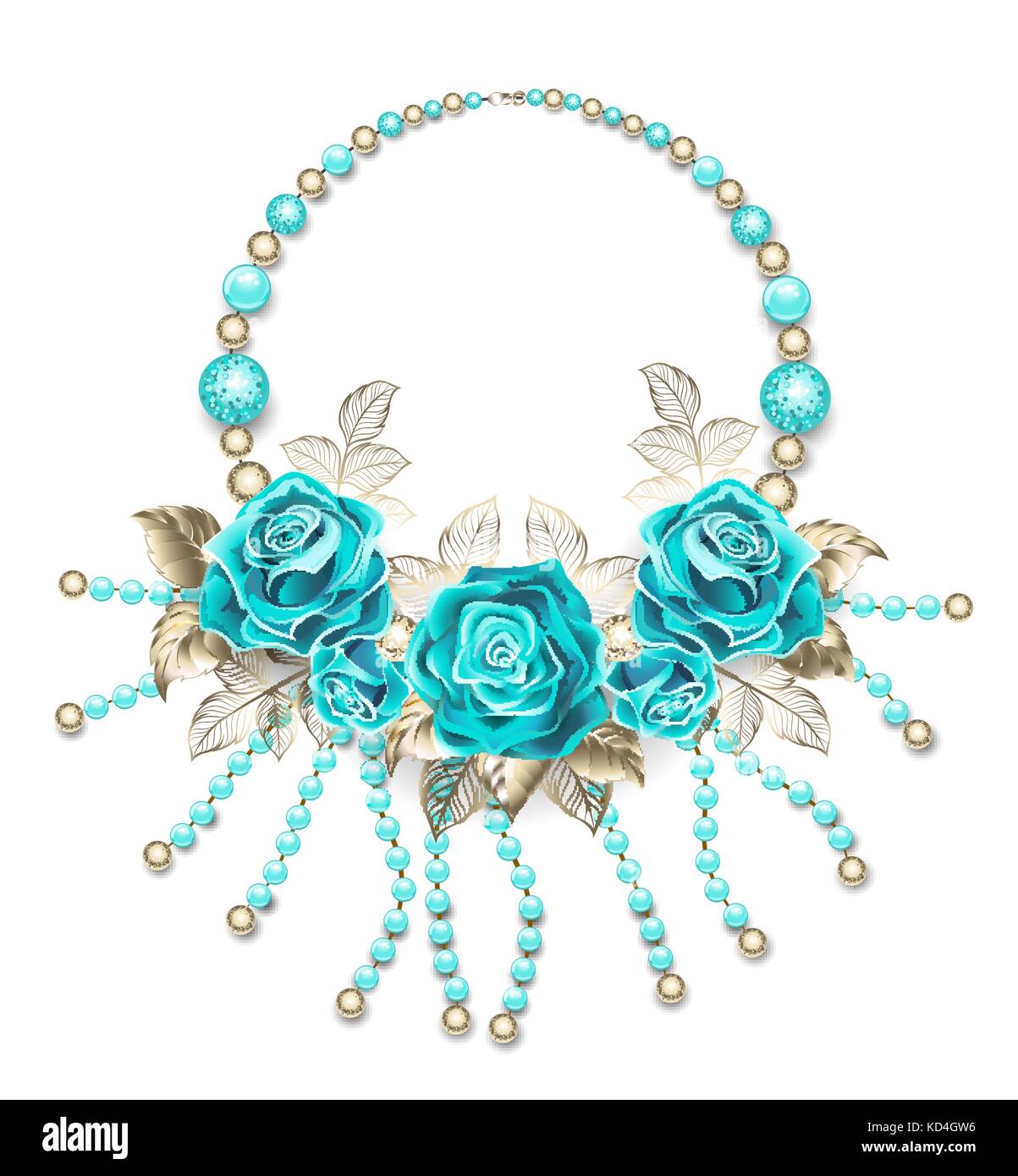 Turquoise collier de roses, feuilles d'or blanc, turquoise et perles d'or sur un fond blanc. tiffany. à la mode. couleur rose turquoise. Conception de j Illustration de Vecteur