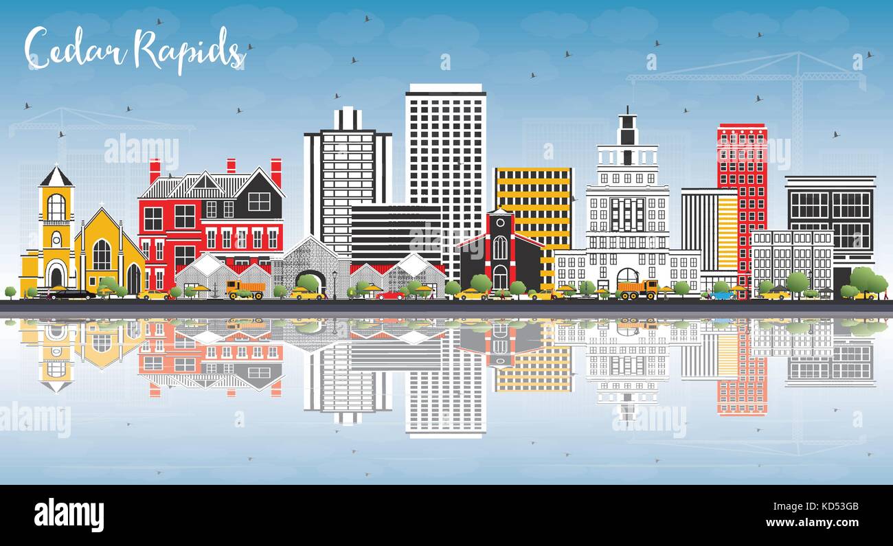 Cedar Rapids iowa avec toits de bâtiments, de couleur bleu ciel et réflexions. vector illustration. Illustration de Vecteur