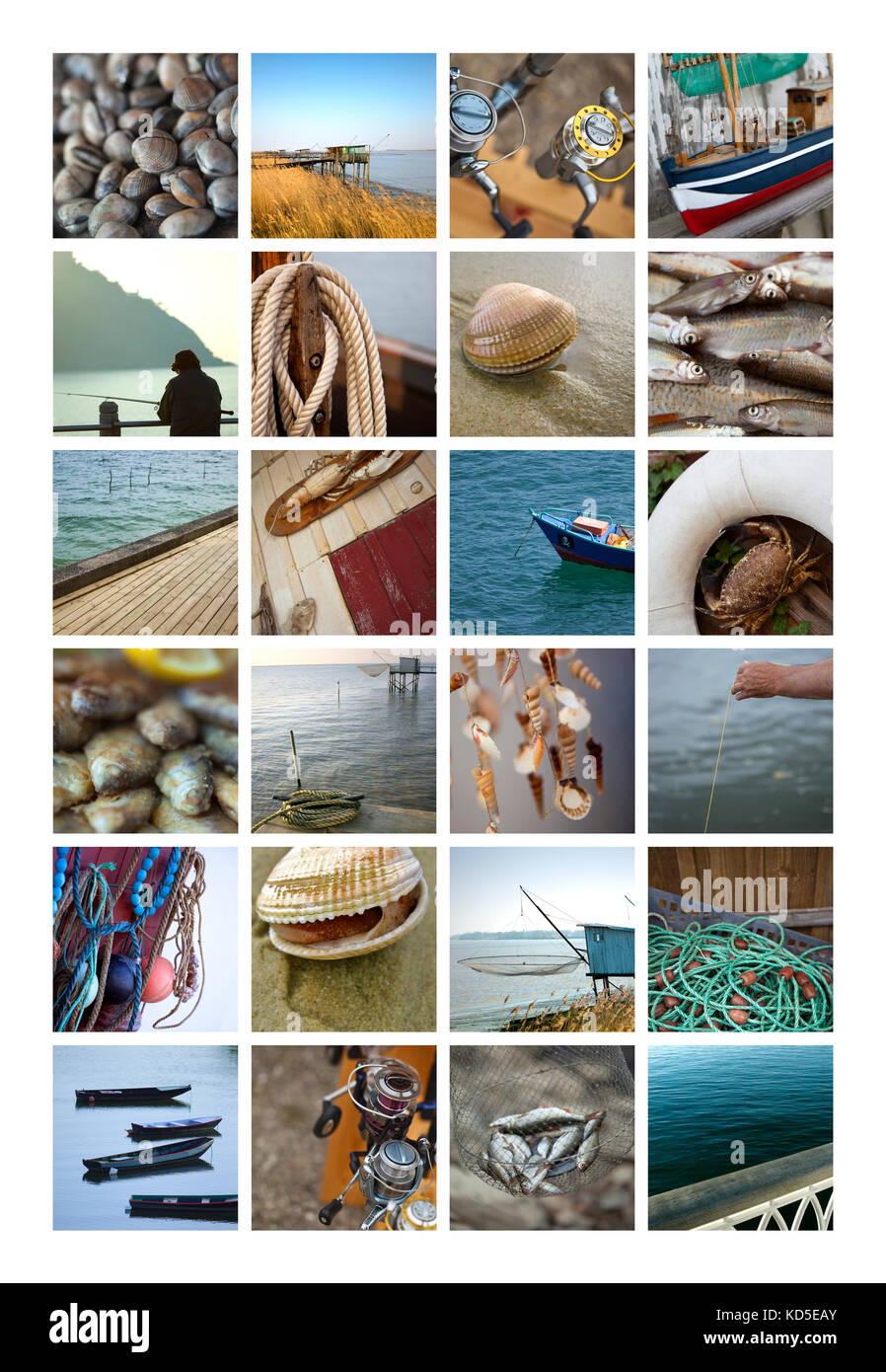 Éléments de pêche et de paysages sur un collage Banque D'Images