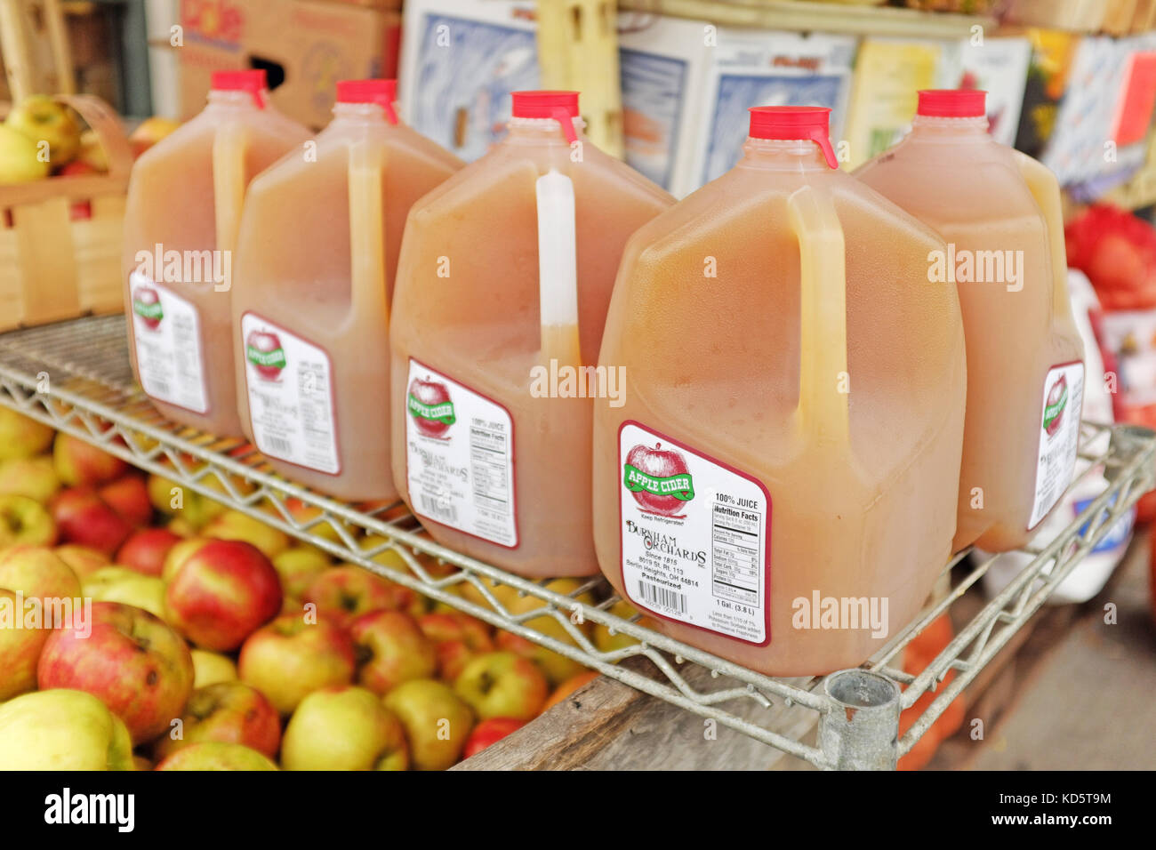 Cidre de pomme frais vendu avec des pommes fraîches à l'extérieur du marché West Side de Cleveland, Ohio, à l'automne 2017. Banque D'Images