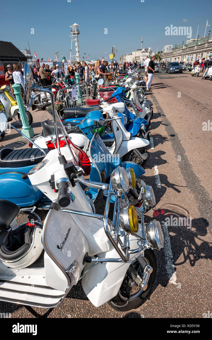 Brighton Mod Rally, août vacances de banque Scooters alignés sur show Banque D'Images