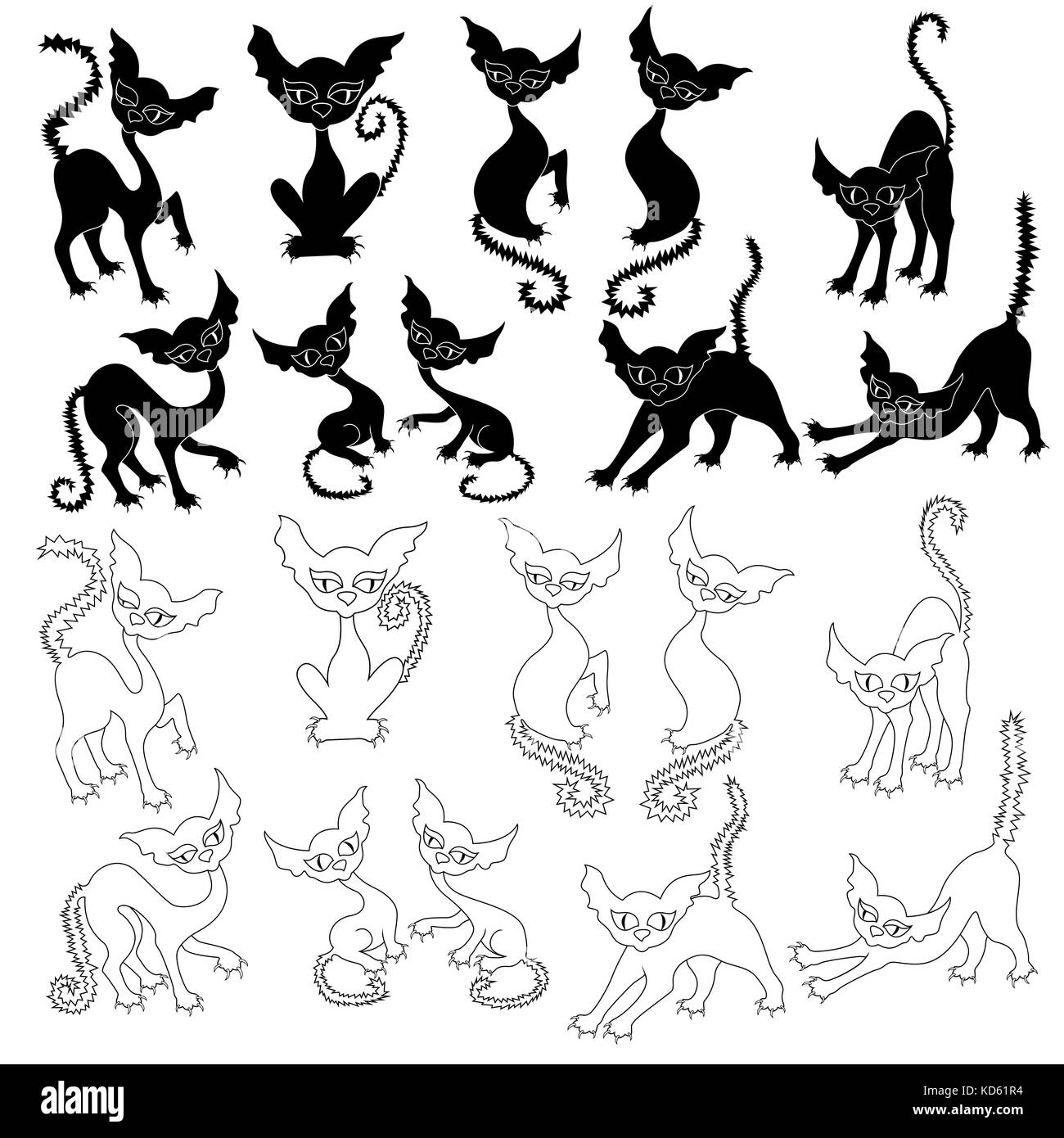Halloween jeu de dix silhouettes de chat amusant et avec dix de leurs contours respectifs, illustrations vectorielles isolé sur fond blanc Illustration de Vecteur