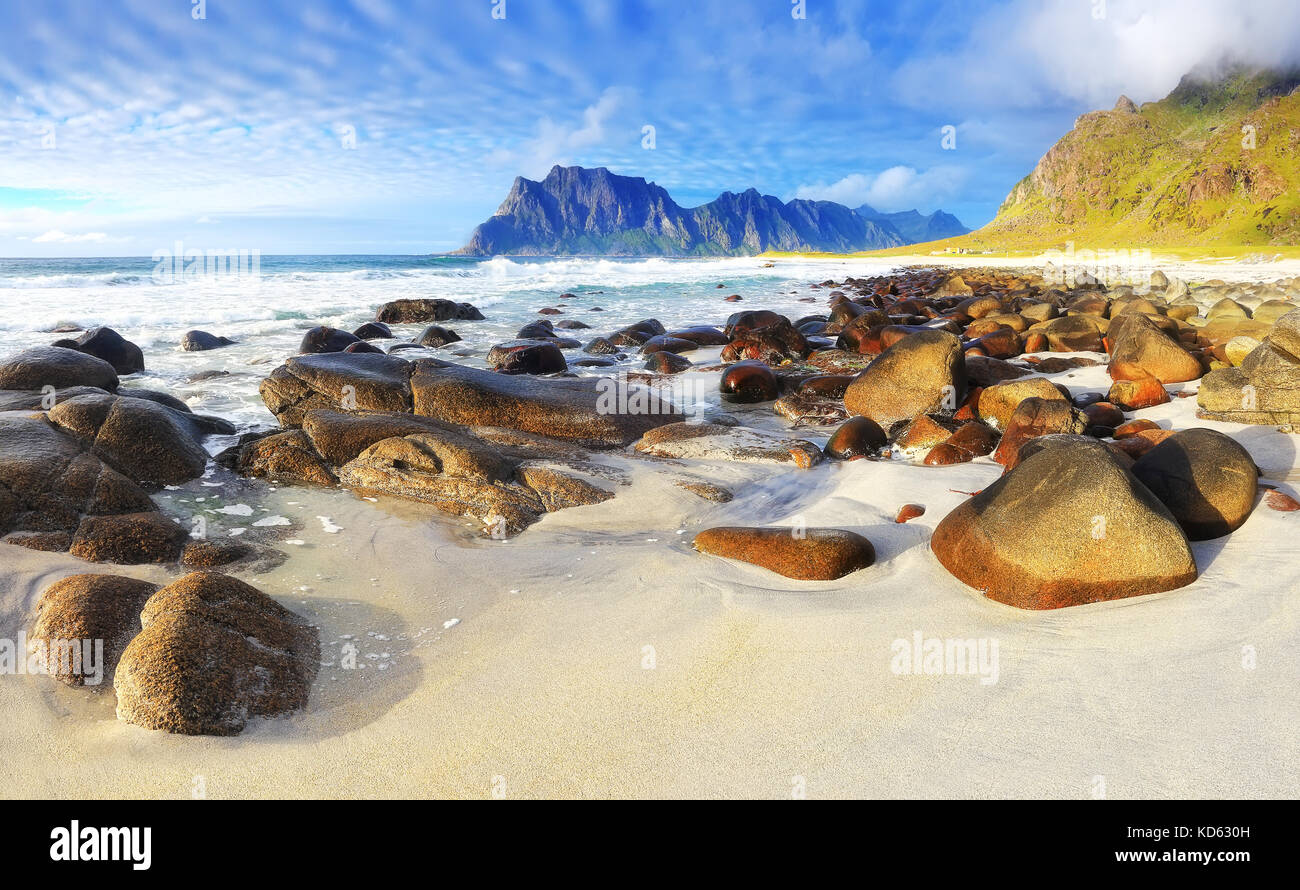 Plage de sable blanc de la Norvège et des pierres sur le coucher du soleil. Soirée d'été à l'Iles Lofoten. Banque D'Images