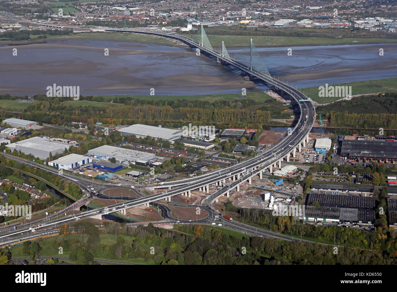 Vue aérienne de la Mersey Gateway - le nouveau pont à Runcorn Banque D'Images