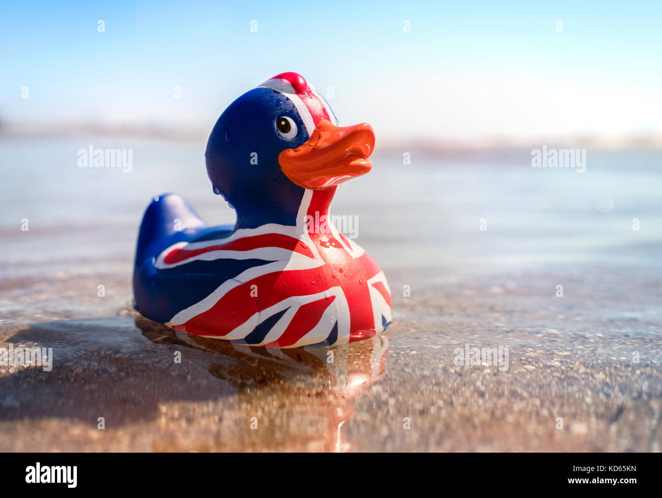 Drapeau britannique rubber duck dans la mer à la plage Banque D'Images