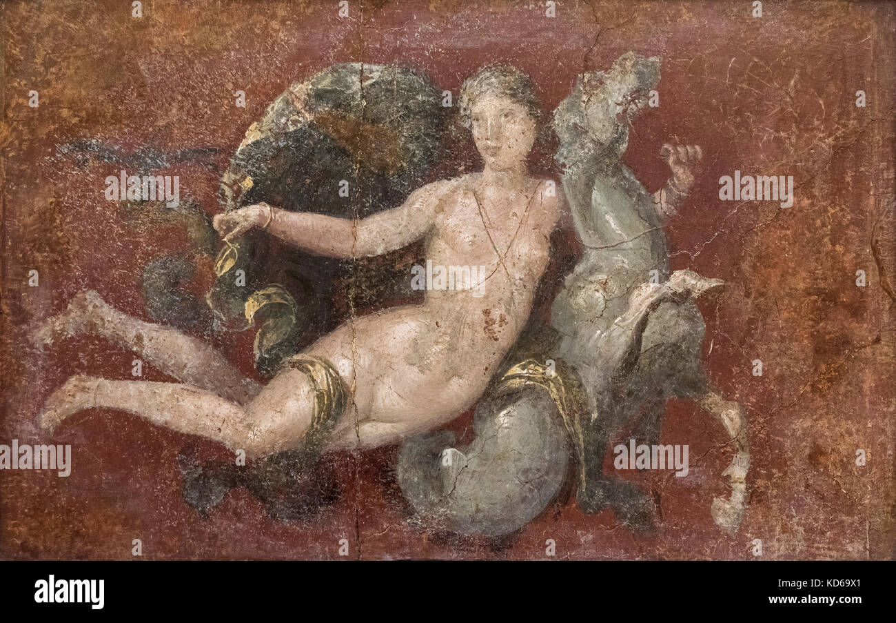 Naples. L'Italie. Fresque romaine d'une néréide sur un cheval de mer Villa Arianna, Castellammare di Stabia (Stabiae). Museo Archeologico Nazionale di Napoli. Banque D'Images