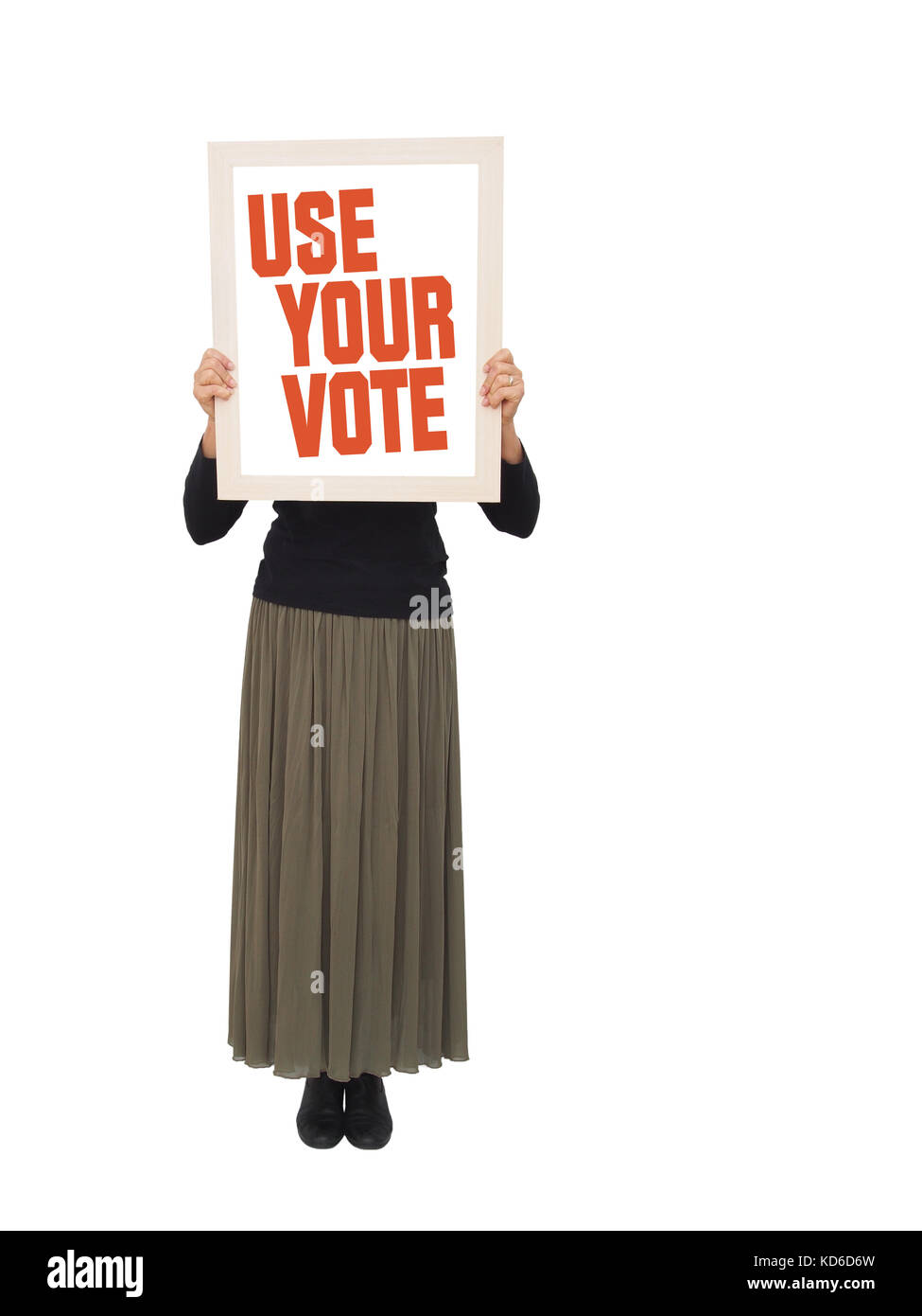 Femme avec utiliser votre vote placard. Banque D'Images