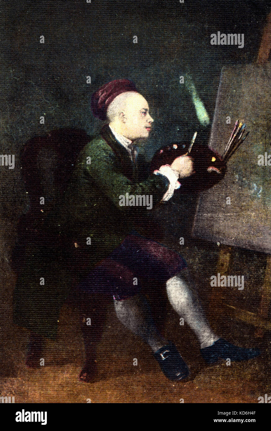 William Hogarth self portrait à la toile. Peint des scènes au cours du temps de Haendel. Inspiration pour Strauss' 'Rigoletto'. Français peintre, graveur, satiriste, & humoriste 1697-1764. Banque D'Images