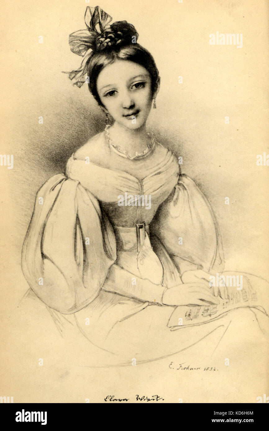 Clara Schumann âgés de 13 manuscrits de sa composition de portefeuille. Dessin de E. Fechner, Paris, février 1832. Pianiste et compositeur allemand (1819-1896), épouse du compositeur Robert Schumann. Banque D'Images