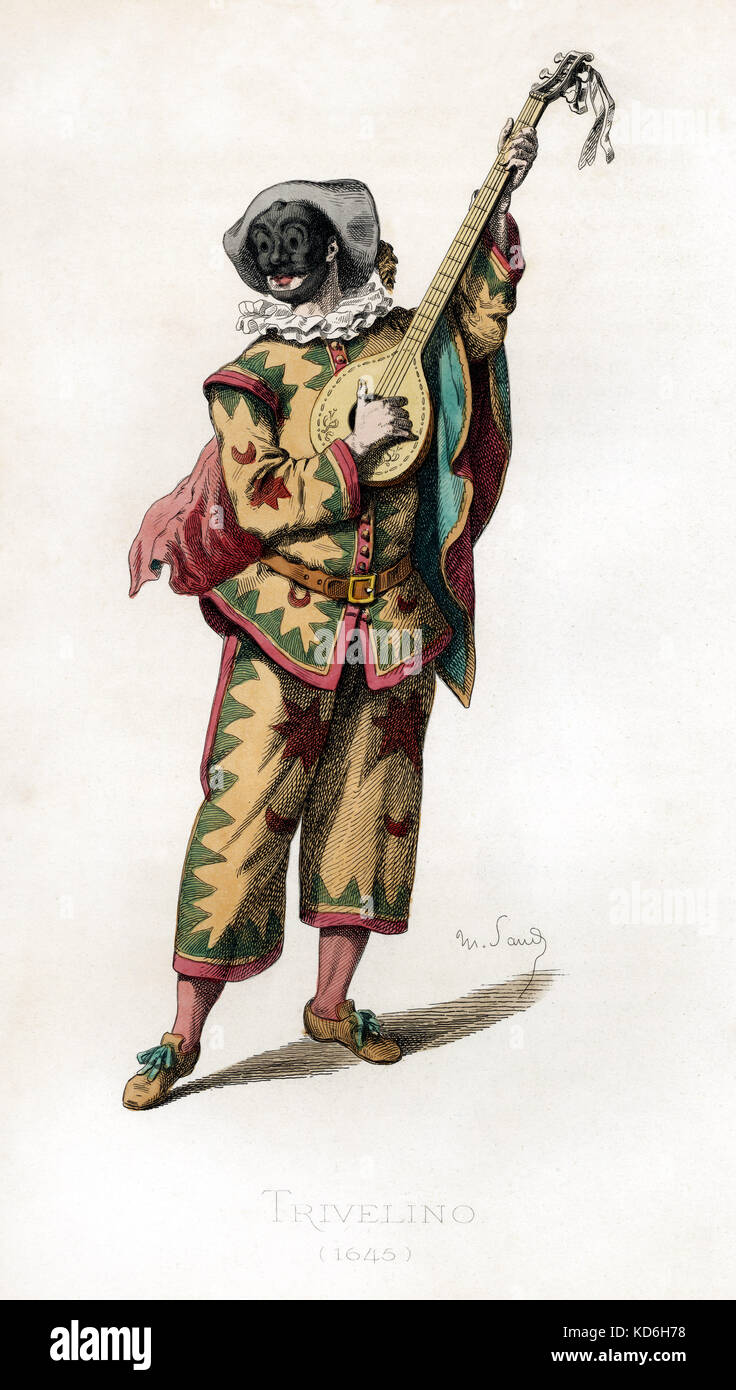 Costume Trivelino daté 1645 dessiné par Maurice Sand, publié en 1860. Commedia  dell' Arte caractère, type d'arlequin. Il porte un masque, un chapeau, un  collier ébouriffé, cape, chaussures avec des arcs /