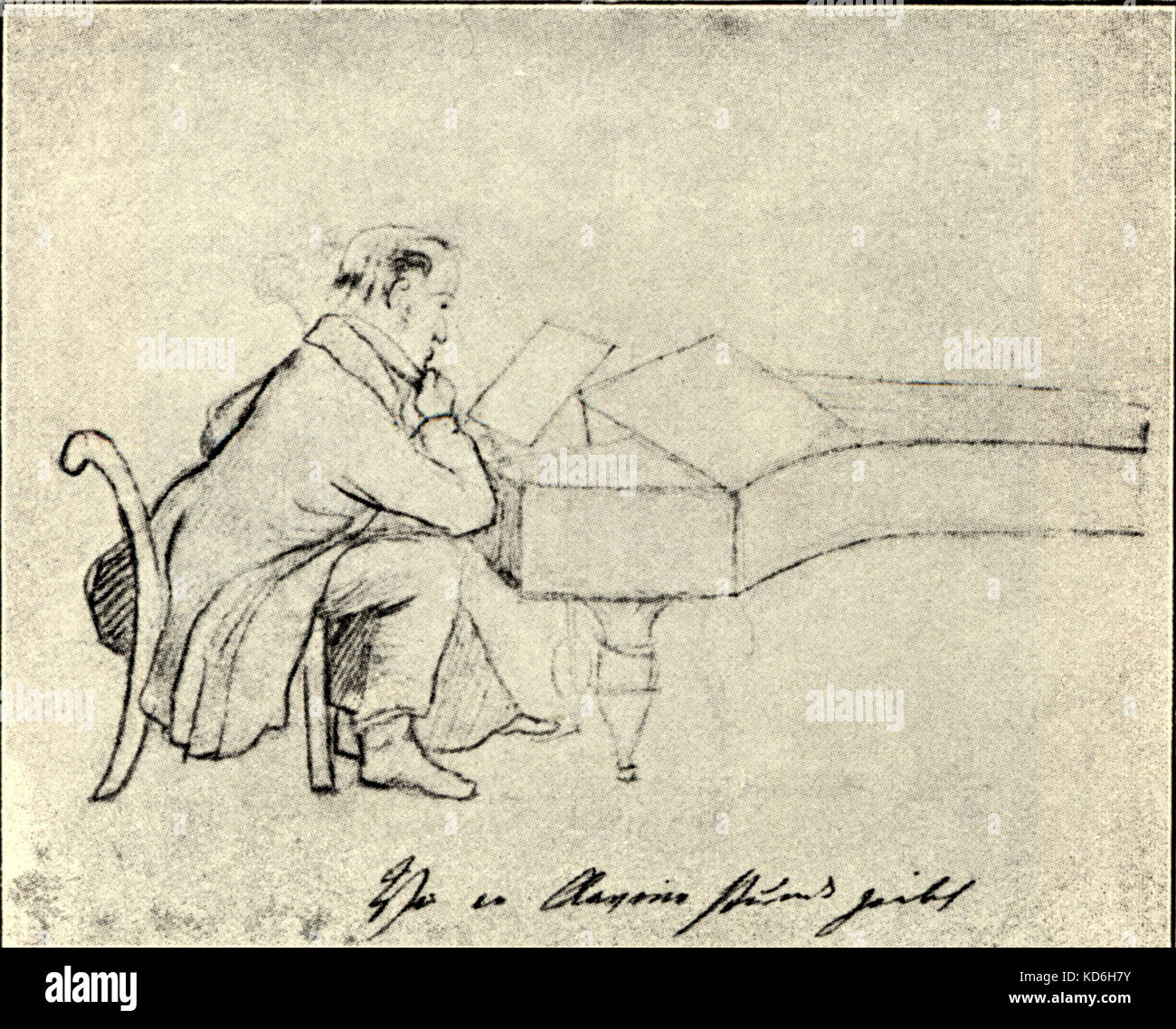 Friedrich Wieck pour donner une leçon au piano dessiné par un élève de sexe féminin. Plus tard, Clara Wieck (Schumann) père. Clara Schumann : pianiste allemand (1819-1896), épouse du compositeur, Robert Schumann. Banque D'Images