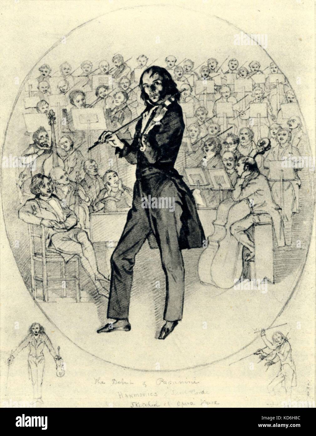 Niccolo Paganini à jouer du violon en face d'un orchestre. Dessin de l'artiste irlandais Daniel Macliwe (18061870). Je le violoniste et compositeur italien (1782-1840). Banque D'Images