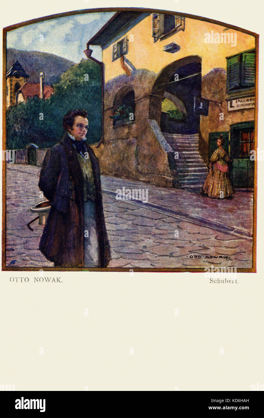 Franz Schubert sur la rue par shoemaker shop avec femme d'oeil sur lui. Au début du xxe siècle illustration par Otto Nowak (1874 -1945). FS, compositeur autrichien : 31 janvier 1797 - 19 novembre 1828. Banque D'Images