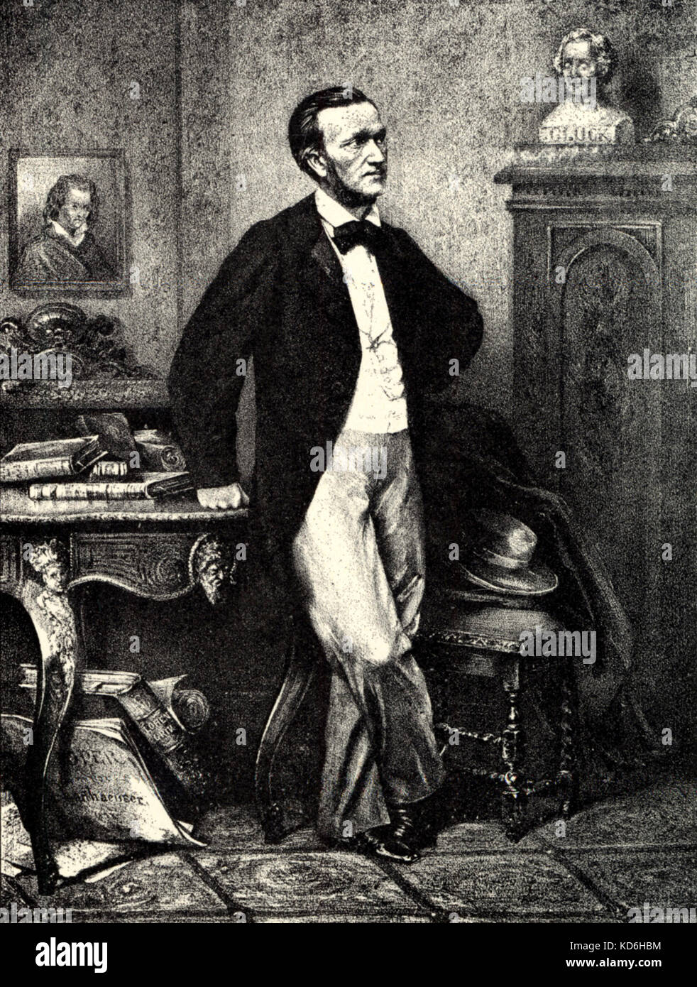 Richard Wagner, lithographie de W. Jab, après une photographie prise à Vienne en 1862. Regardant buste de Gluck. Compositeur allemand d'auteur, 1813-1883. Banque D'Images