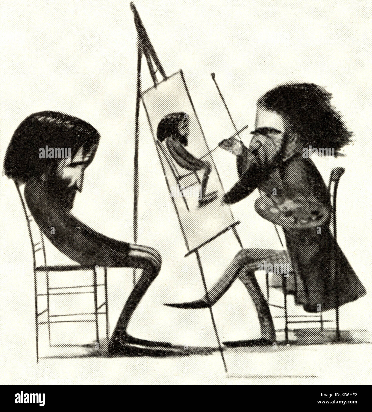 Verdi caricaturé posant pour Morelli dans l'atelier du peintre ('Nello studio di Morelli'). Le compositeur est visiblement mal à l'aise. Compositeur italien (1813-1901). Banque D'Images