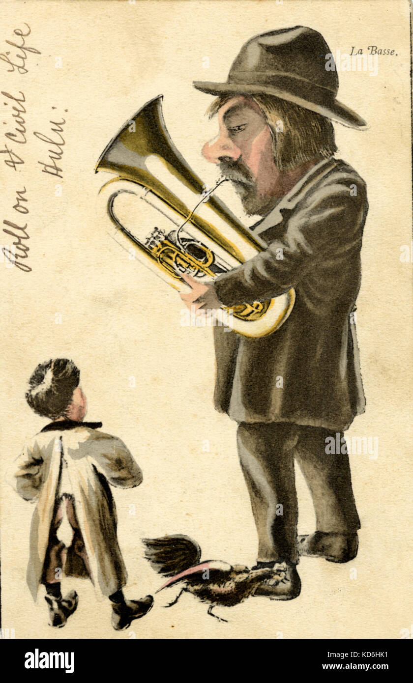 Joueur de tuba avec un petit garçon et un oiseau. Au début du xxe siècle l'illustration intitulée "La Basse". Banque D'Images