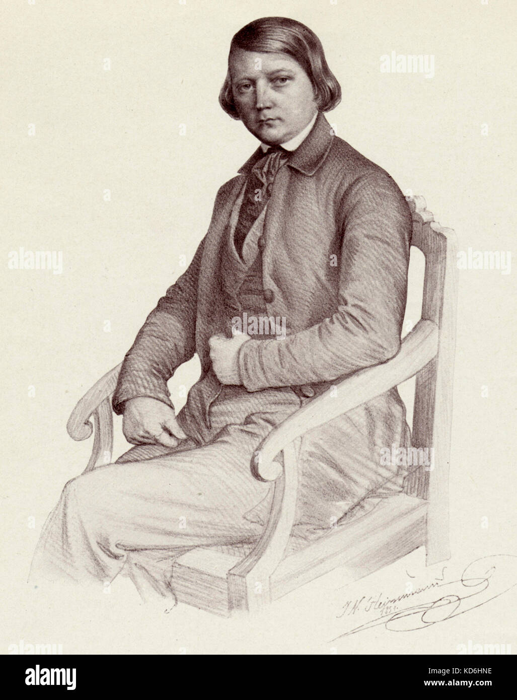 Robert Schumann, photo de lui assis sur une chaise, par J.N. Heinemann. Compositeur allemand, 1810-1856 Banque D'Images