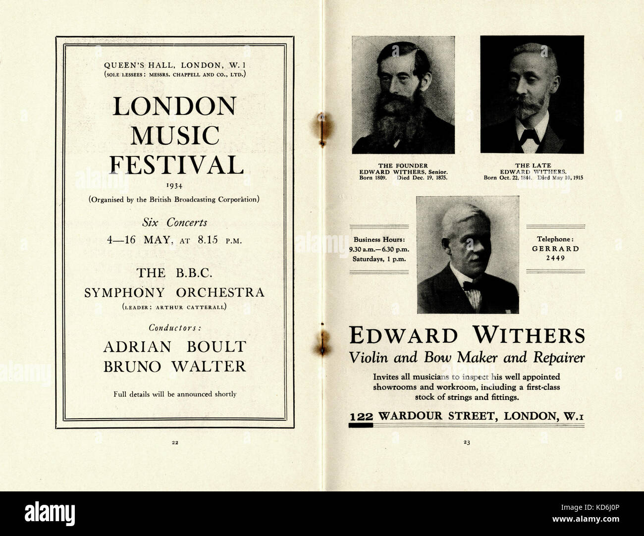 Publicité pour Edward Withers 'le violon et l'archetier et réparateur', avec des images de trois générations de garrot. En vedette dans un programme d'un concert de l'Orchestre symphonique de la BBC, le mercredi 31 janvier 1934. Banque D'Images