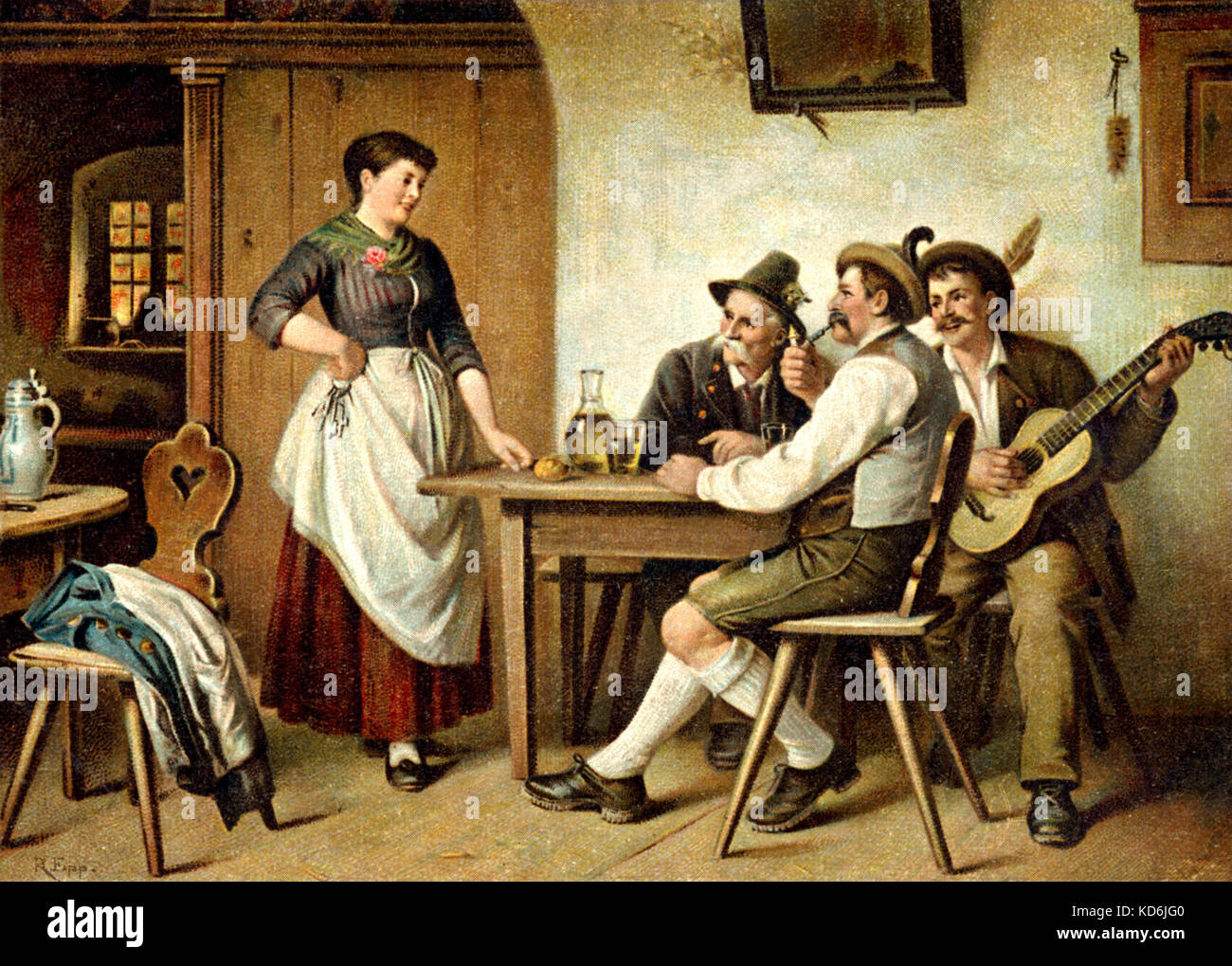À l'auberge par Rudolf Epp. Musicien folklorique bavarois avec guitare. Messieurs portant des pantalons. Banque D'Images