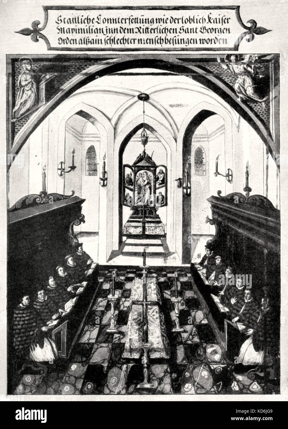 15ème siècle illustration des obsèques de Kaiser Maximilian I, avec les moines chantant en choeur à l'église de Vienne. Bibliothèque nationale Banque D'Images