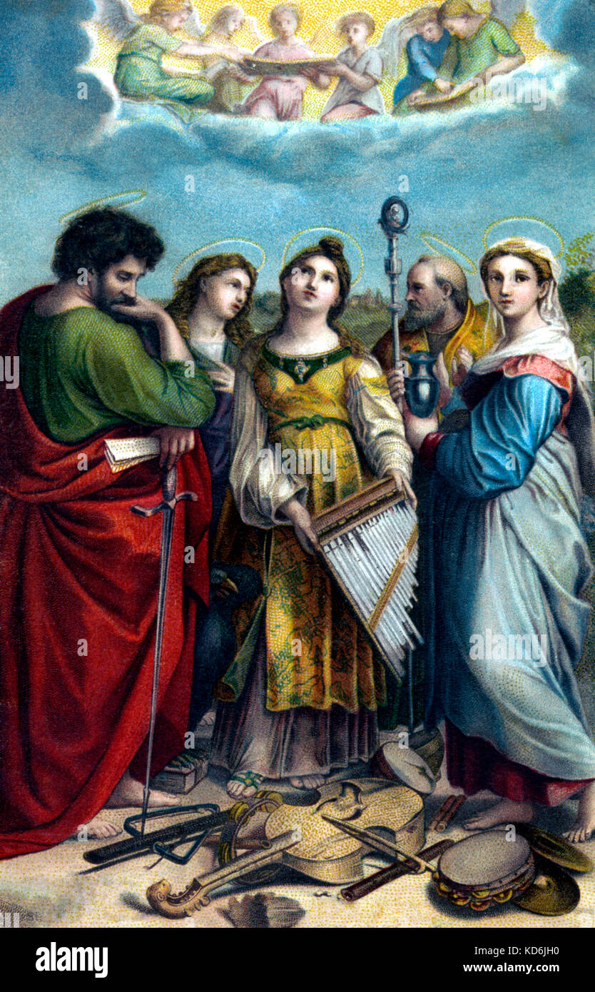 "L'Extase de Sainte Cécile" après peinture par Raphael (1483 - 1520)l , la patronne de la musique. Saint Cecilia retable. Saint Cecilia tenant un orgue portatif, allongé à ses pieds sont des tambourins, cymbales, tambours, flûtes et viole. Banque D'Images