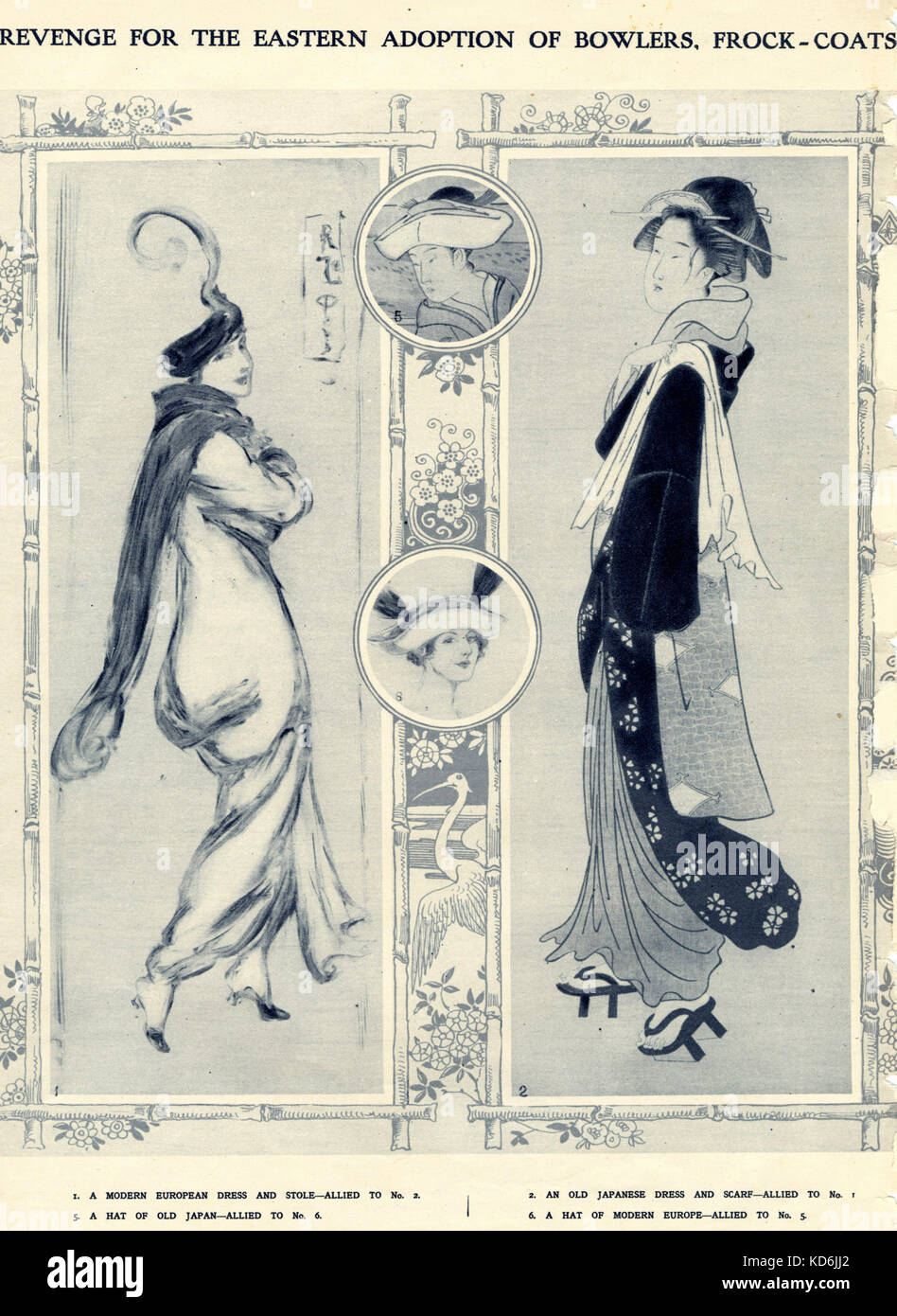 L'influence japonaise, au début du xxe siècle. 'La Vengeance pour l'adoption de joueurs, Frock-Coats', le croquis garanti, 24 septembre 1913. La mode. Banque D'Images